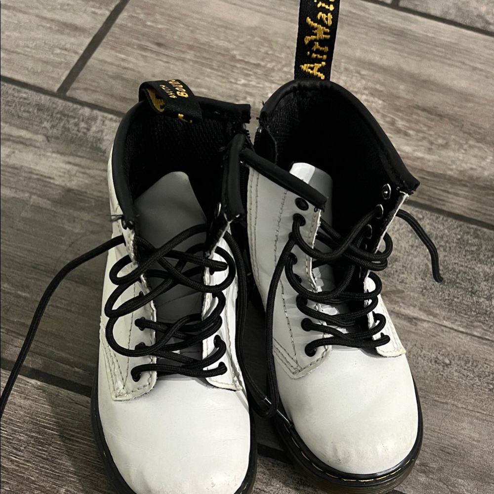 Dr. Martens White and Black Boots with Yellow Stitching